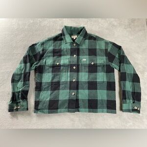 Brixton Cropped Boxy Oversized Flannel Shirt Womens Large Green Plaid Camp